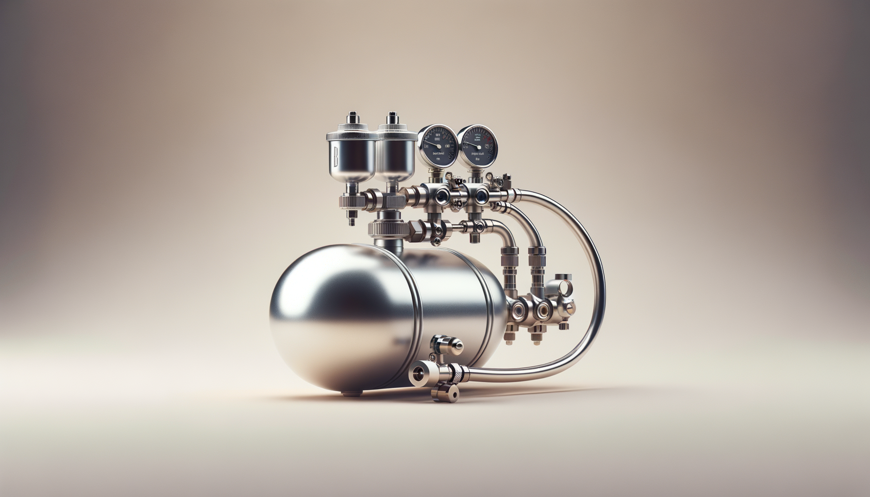 A metallic compressed air tank with attached regulators, gauges, and pipes for controlling air pressure.