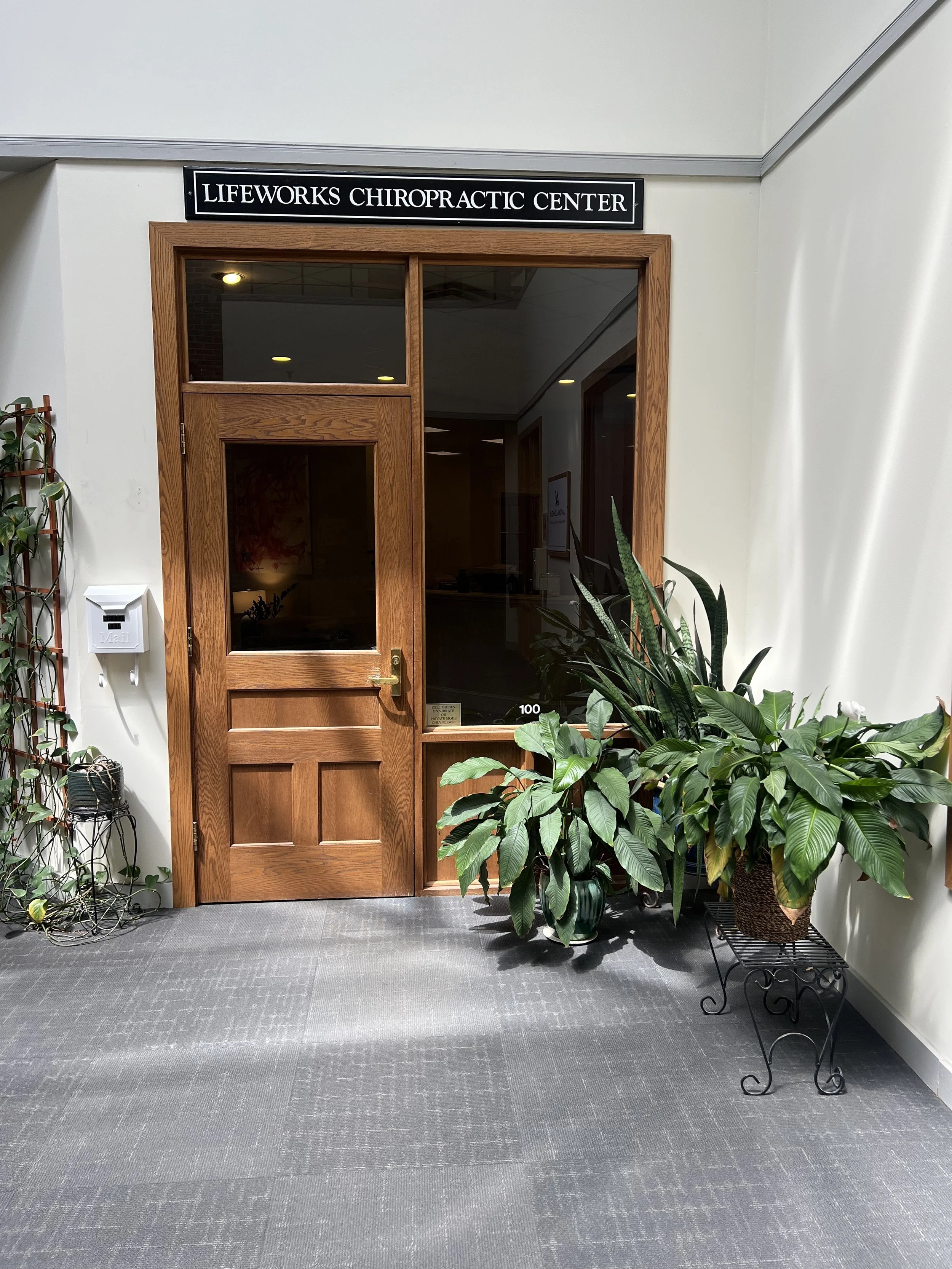 Entrance to Lifeworks Chiropractic Center with wooden door, glass panel, indoor plant, and a black sign with white text above the door.