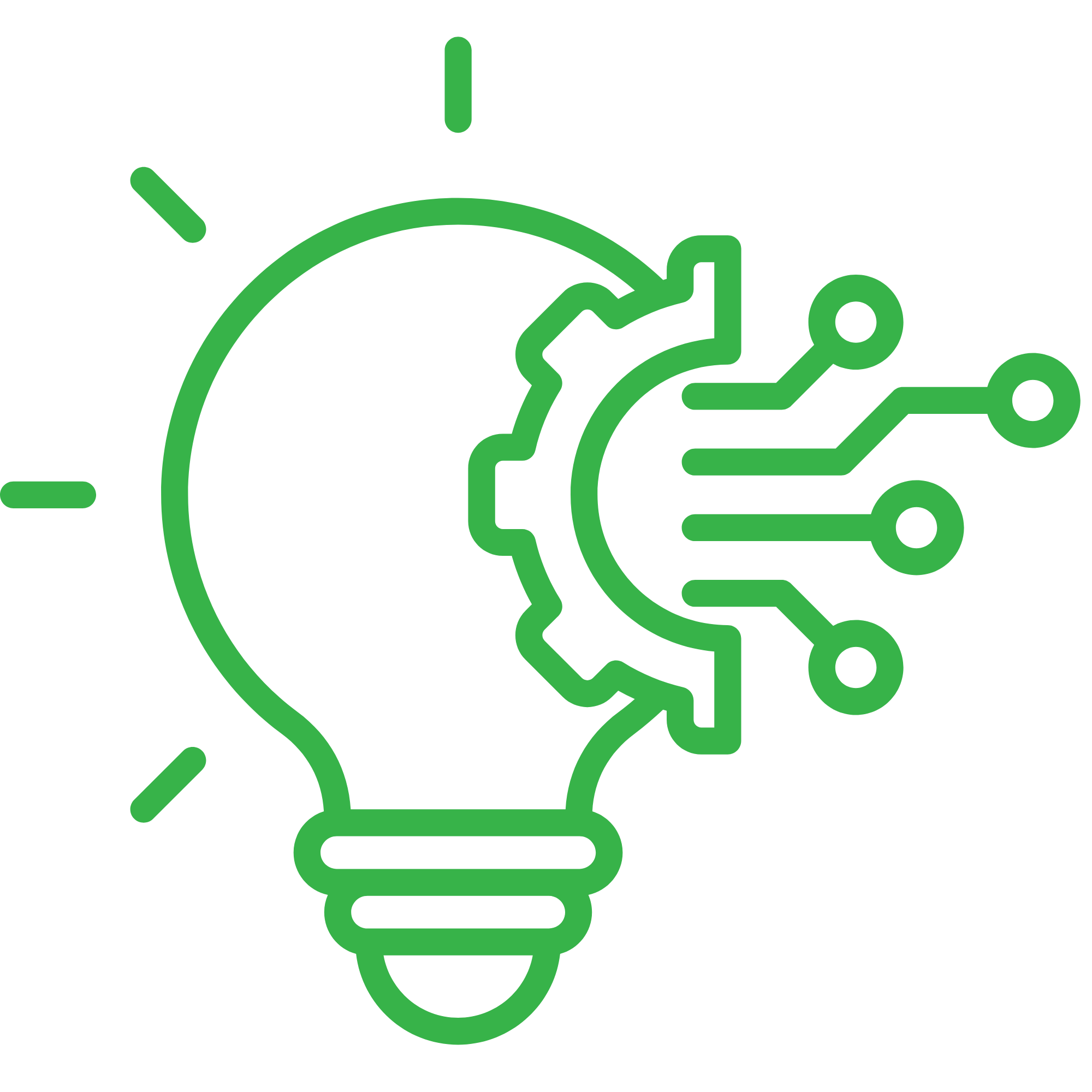 Un dessin minimaliste d'une ampoule électrique verte avec un cerveau et circuit intégré à l'intérieur, symbolisant l'innovation technologique et l'intelligence artificielle.
