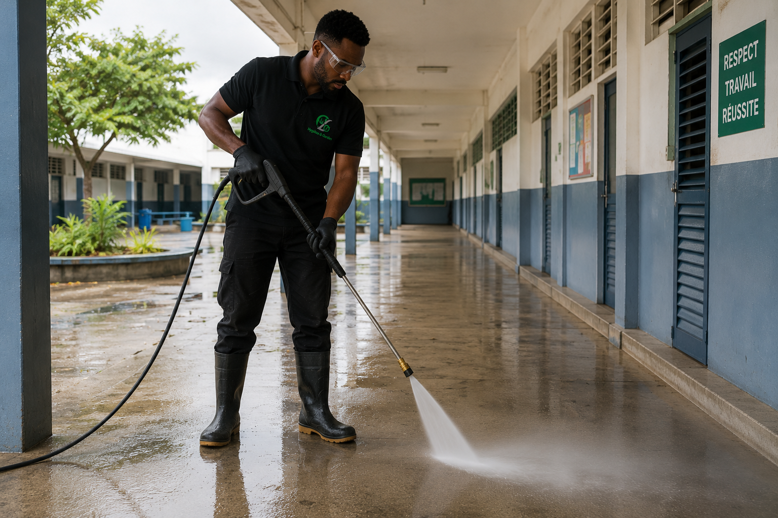 Nettoyage haute pression des espaces extérieurs d'un établissement scolaire.