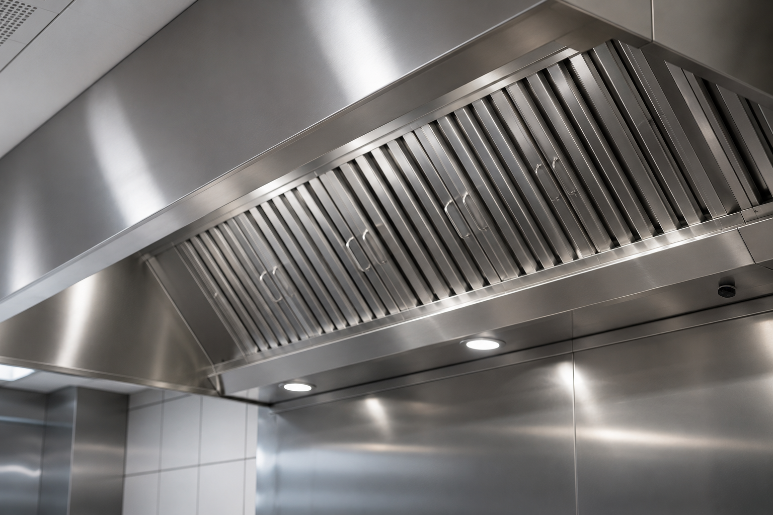 Hotte de cuisine professionnelle après nettoyage et dégraissage.