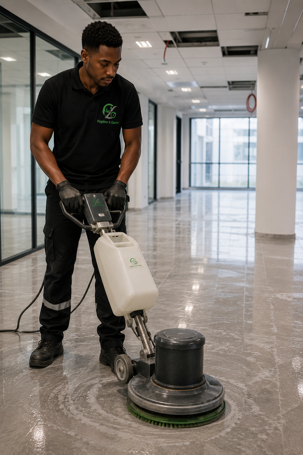 Nettoyage mécanisé des sols de bureaux avec autolaveuse professionnelle.