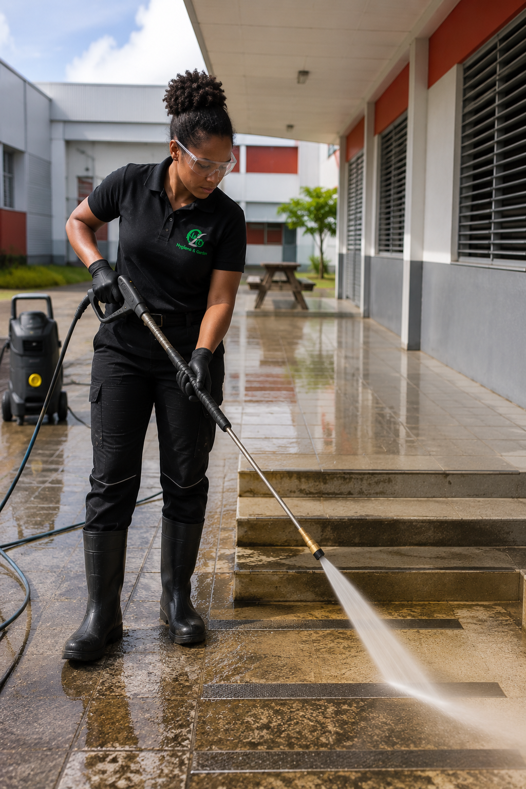 Nettoyage haute pression des sols extérieurs d'un bâtiment professionnel en Martinique.