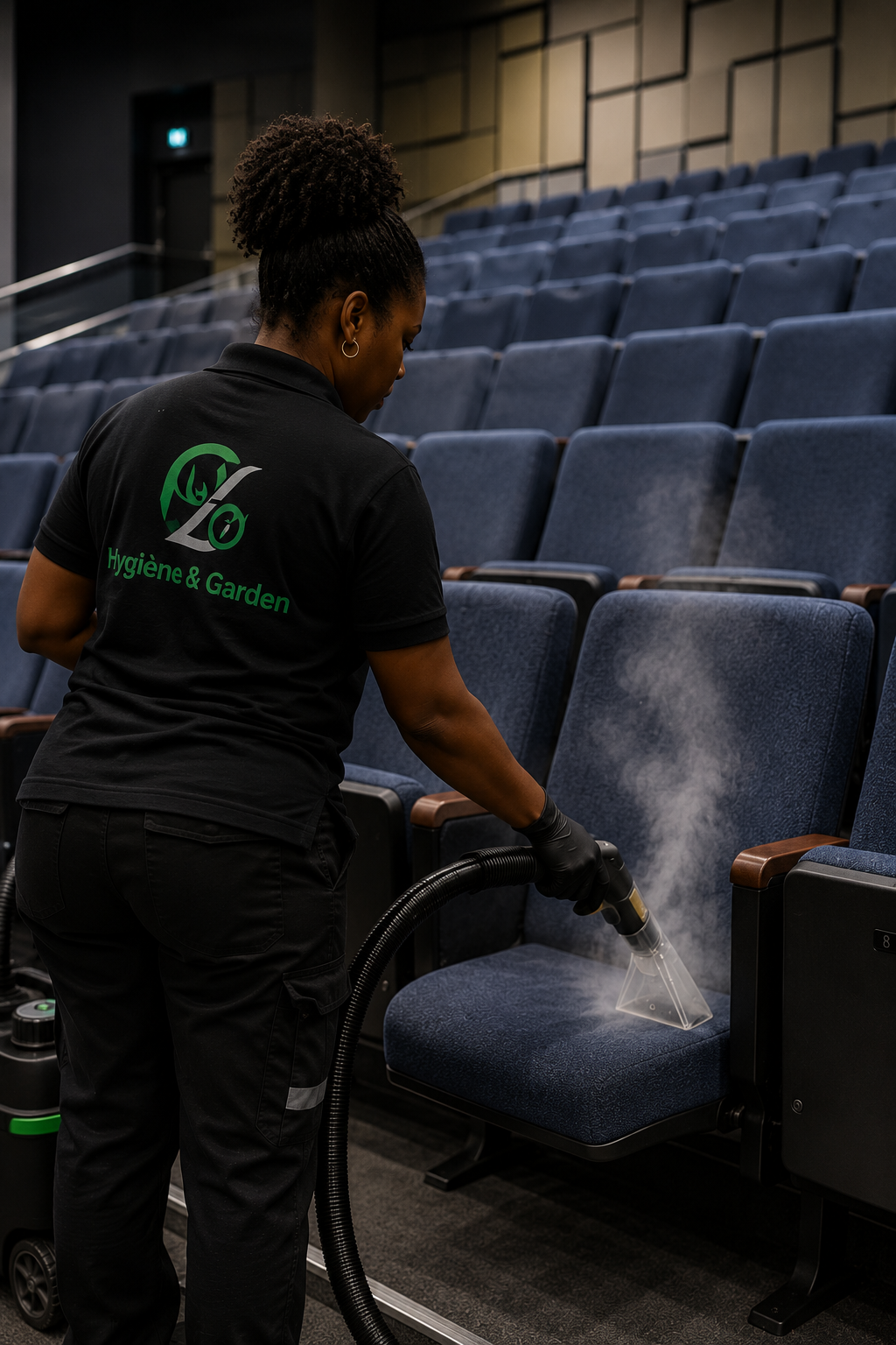 Nettoyage vapeur des sièges d'un auditorium professionnel.