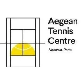 Logo of Aegean Tennis Centre with a yellow tennis ball on a tennis court background and text indicating its location in Naoussa, Paros.