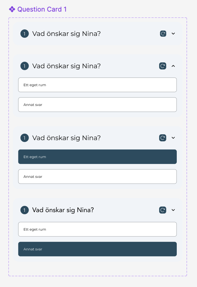 Screenshot of a digital form titled "Question Card 1" in Swedish, asking "Vad önskar sig Nina?" with multiple sections featuring text fields labeled "Eget rum" and "Annat svar," and expand/collapse icons.