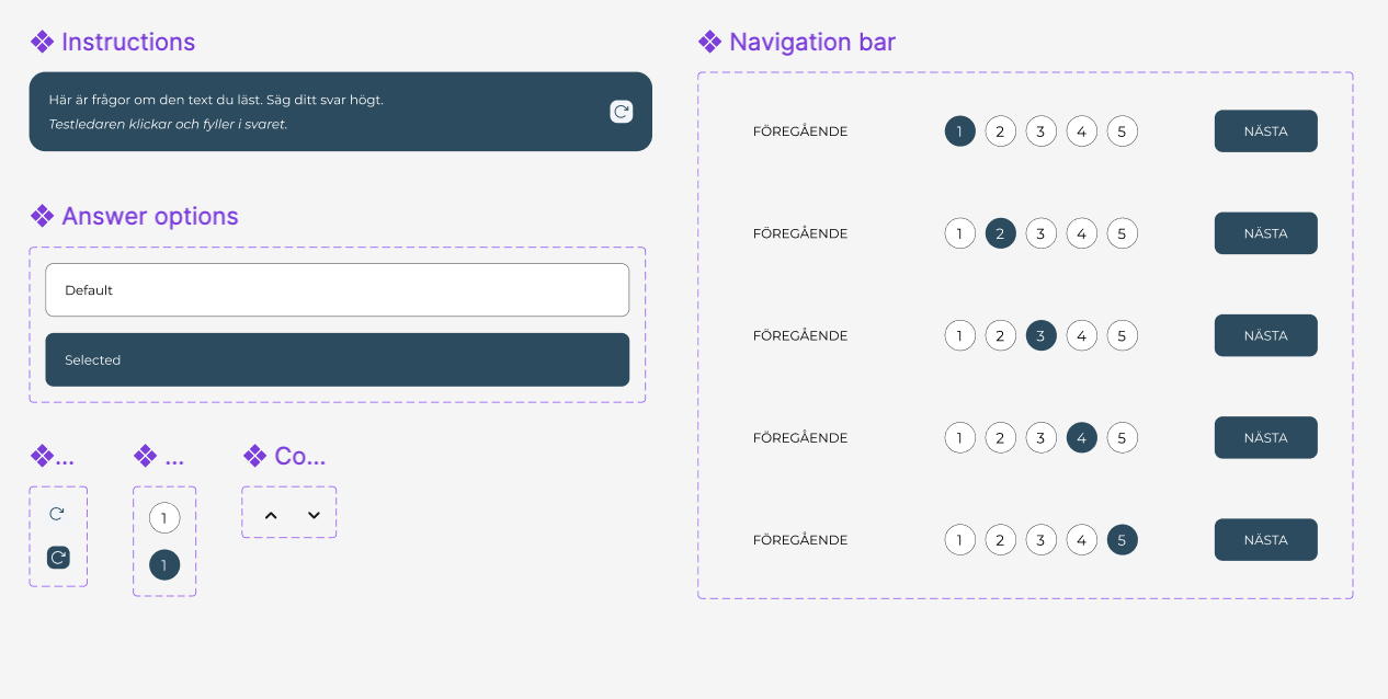A screenshot of a user interface with instructions and answer options in a test or survey. The instructions are in Swedish, and the answer options include radio buttons and navigation buttons labeled "NÄSTA". The interface has a purple and teal color scheme with various interactive elements such as answer choice buttons and a navigation bar.