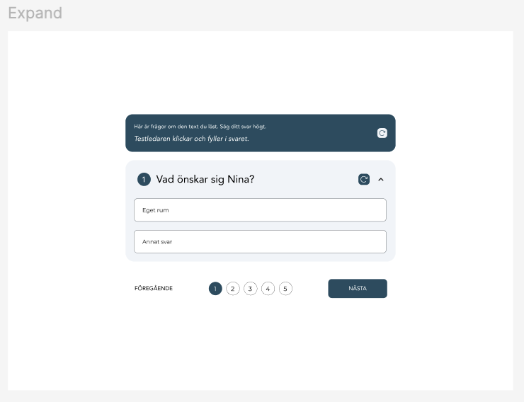 Screenshot of a Swedish online survey question asking "What does Nina wish for?" with options for personal space and an empty text box for additional answers, and navigation buttons for previous and next pages.