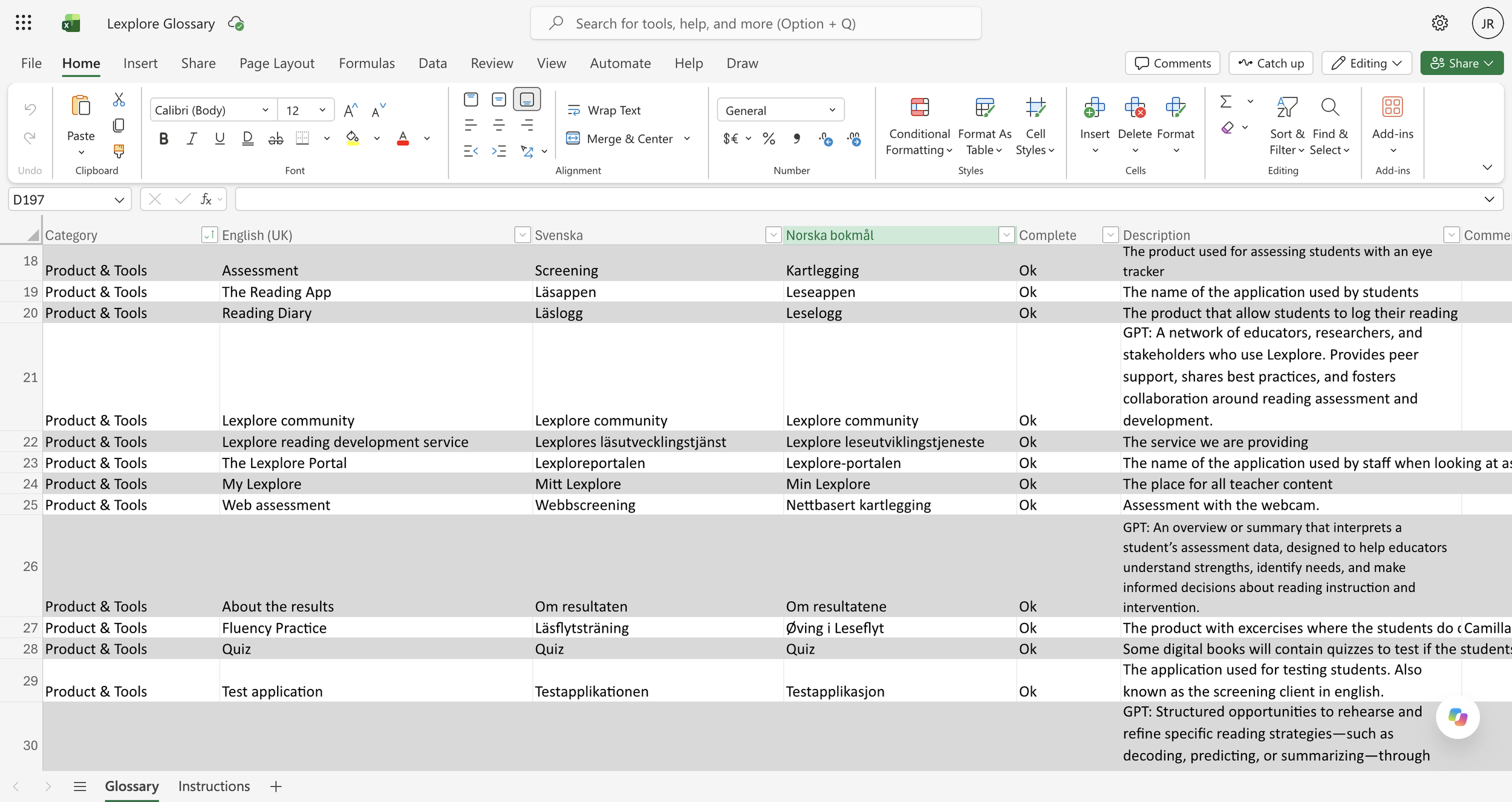 A screenshot of a spreadsheet in a software application with a glossary related to educational tools and assessments, including columns for category, English, Swedish, Norwegian, complete status, and descriptions of various assessment tools and applications.