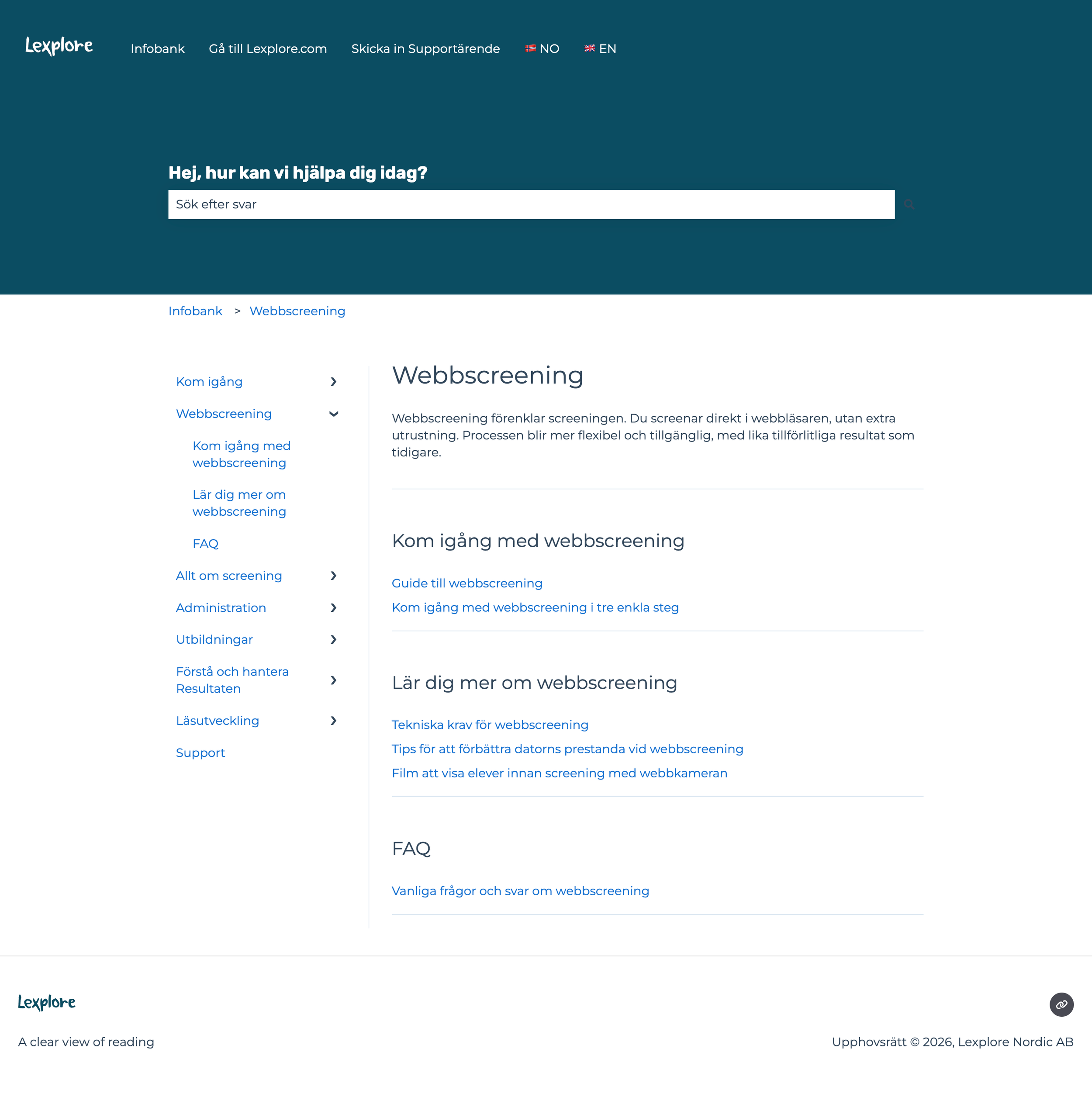 Screenshot of the Lexplore website homepage with a navigation menu, search bar, and content about web screening in Swedish.