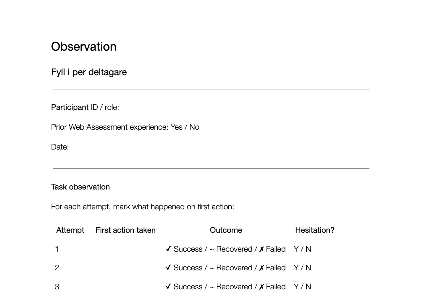 A digital form titled 'Observation' with fields for participant information, previous web assessment experience, date, and a task observation table with three attempts to mark outcomes, actions taken, successes or failures, and hesitations.