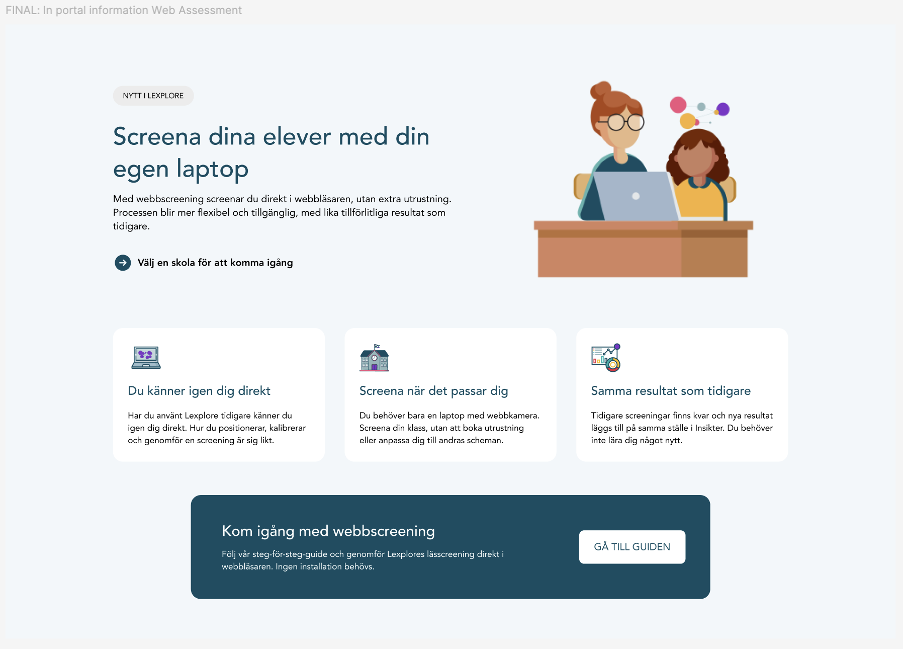 Screenshot of a webpage in Swedish about web screening for students, with illustrations of children at a laptop and informational sections.