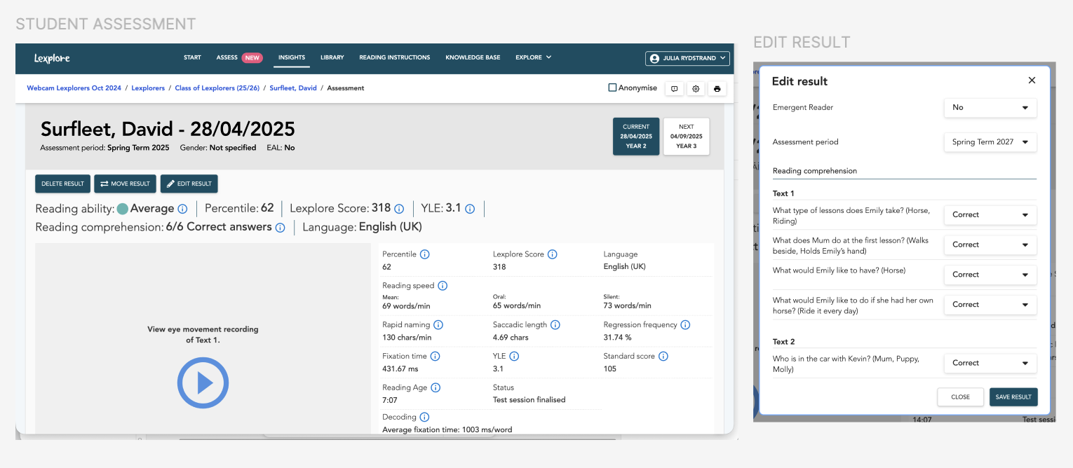 Screenshot of a student assessment webpage showing test results for David Surfleet, dated April 28, 2025. The page includes his reading ability, percentiles, scores, and eye movement recordings. A pop-up on the right shows multiple-choice questions and options to save or close the results.