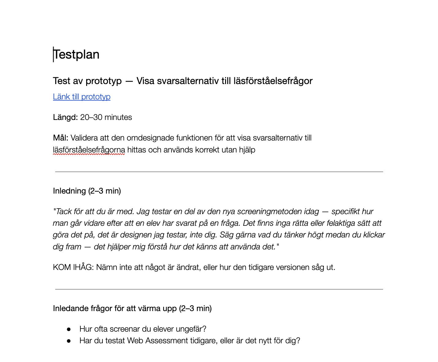 Screenshot of a Swedish test plan document titled "Testplan" with sections about a prototype test, including estimated duration, objectives, and instructions for the test process.
