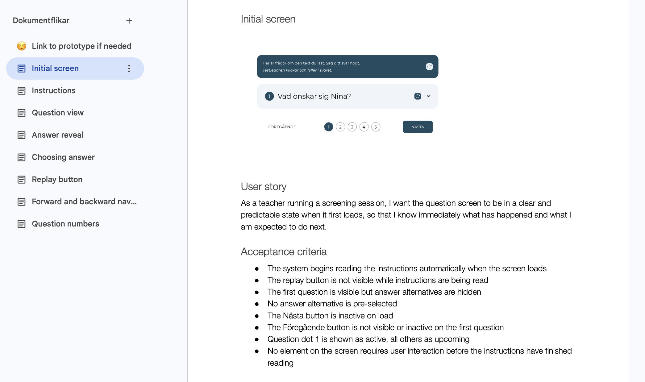 Screenshot of a digital interface showing a question screen in a questionnaire application. The question asks, "Vad önskar sig Nina?" with multiple choice options from 1 to 5, and navigation buttons labeled "NÄSTA". On the left sidebar are menu items like Initial screen, Instructions, Question view, Answer reveal, Choosing answer, Replay button, Forward and backward nav, and Question numbers.