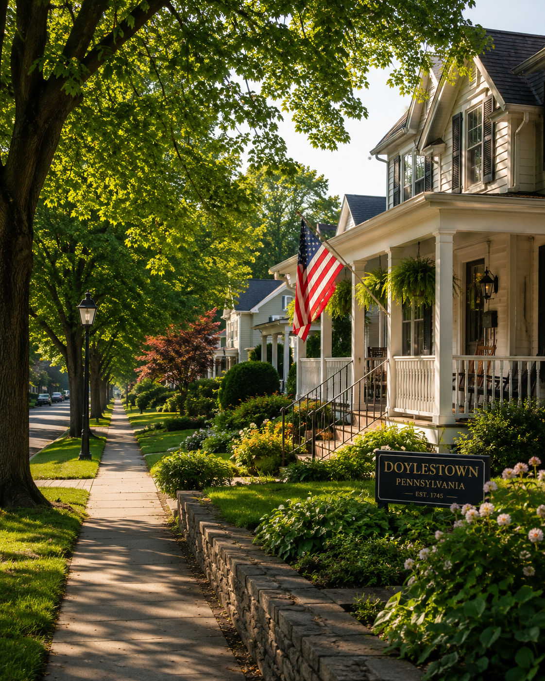 Tree-lined streets with row of houses in Doylestown, Pennsylvania, featuring a white house with an American flag, lush green garden, flowers, and sidewalk.