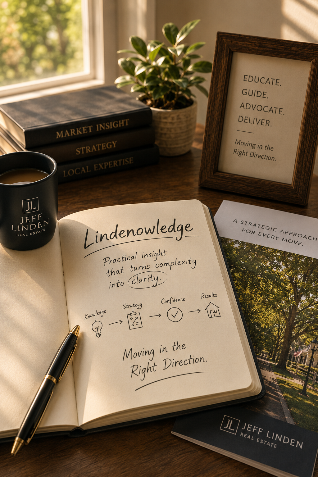 A desk setup with a coffee mug, an open notebook titled "Lindenwledge" containing a diagram about turning complexity into clarity, a pen, a photo booklet, a framed quote about moving in the right direction, three stacked books labeled "Market Insight," "Strategy," and "Local Expertise," a potted plant, and a window with greenery outside.