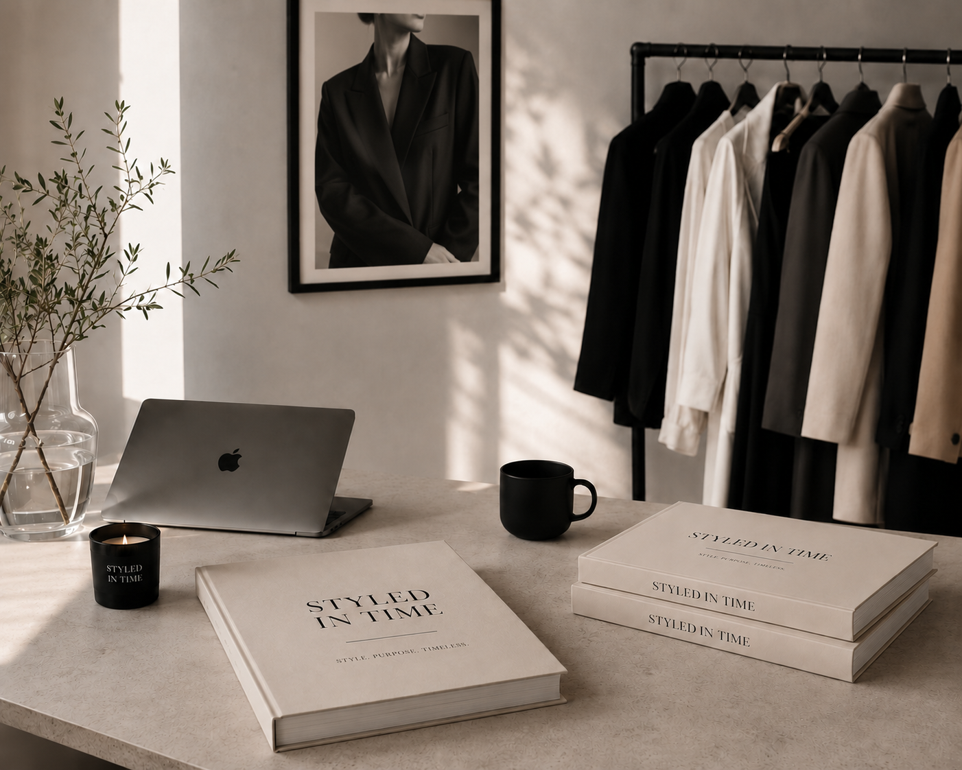 A workspace with a beige table, a closed silver laptop, a black mug, a black candle holder, and a potted plant, with a clothing rack holding black, white, and beige garments in the background, and framed black-and-white photo on the wall.