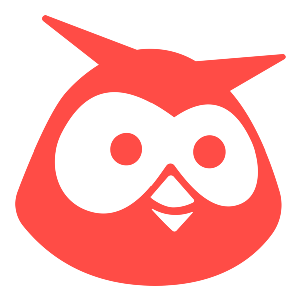 Red owl mascot with large white eyes and a beak, featuring a playful expression and tilted head.