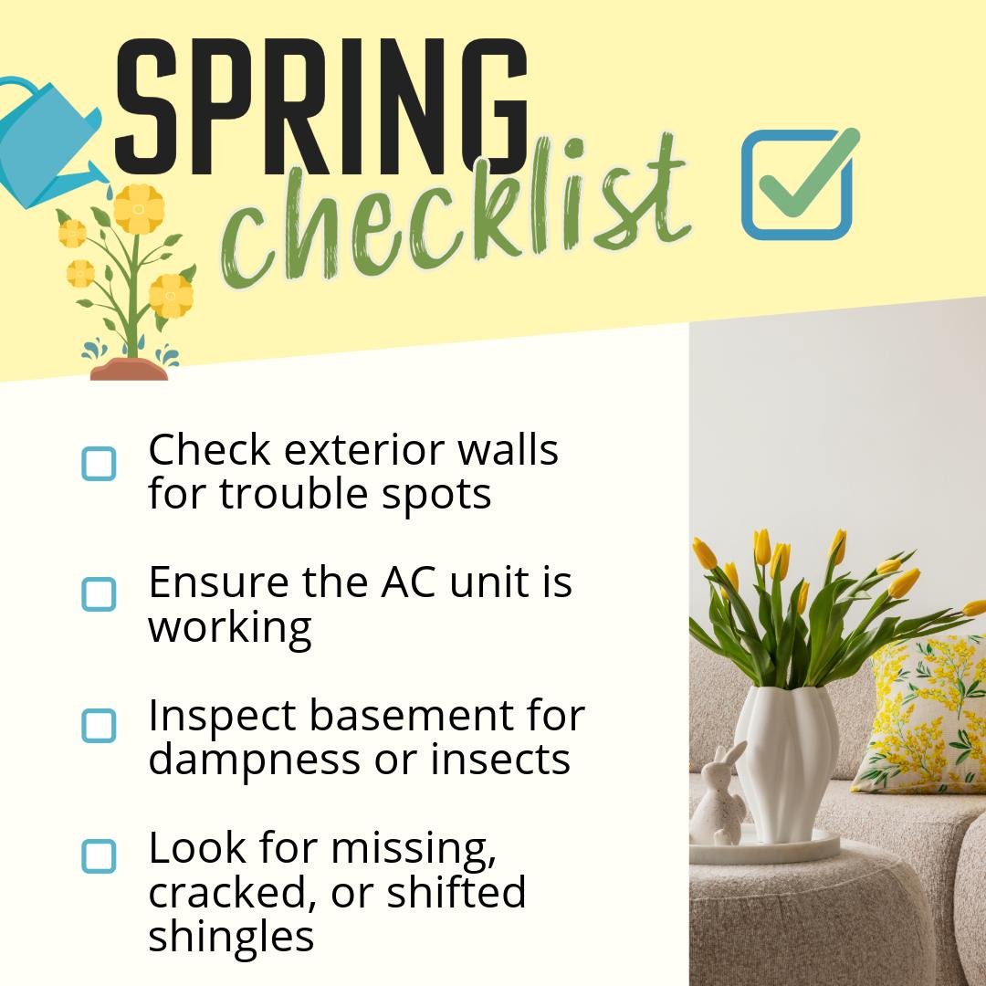 Spring home maintenance checklist with four items: check exterior walls for trouble spots, ensure the AC unit is working, inspect basement for dampness or insects, look for missing, cracked, or shifted shingles. The image features a yellow background with a watering can, flowers, a sofa, a pillow, and a vase of yellow tulips.