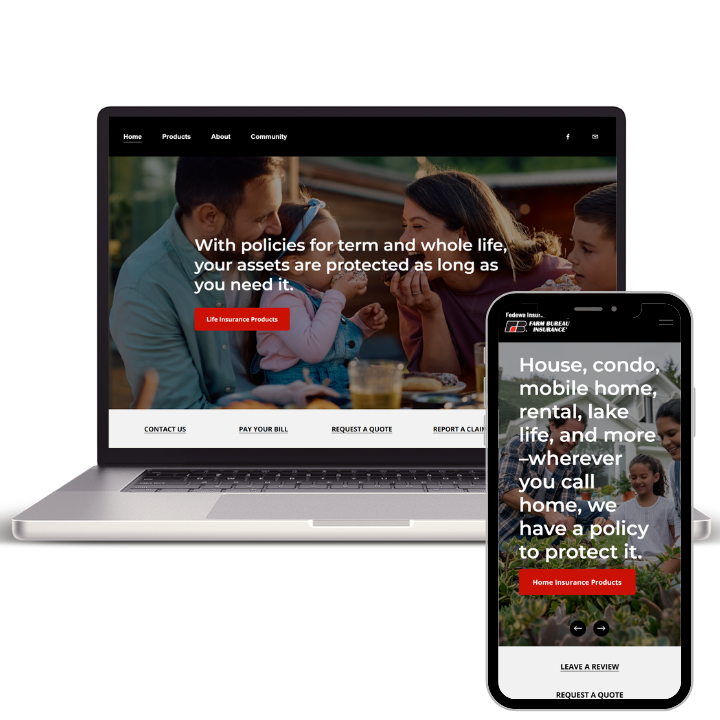 Laptop and smartphone displaying a website for insurance products, with images of families and text emphasizing protection and policies for home, auto, and life insurance.