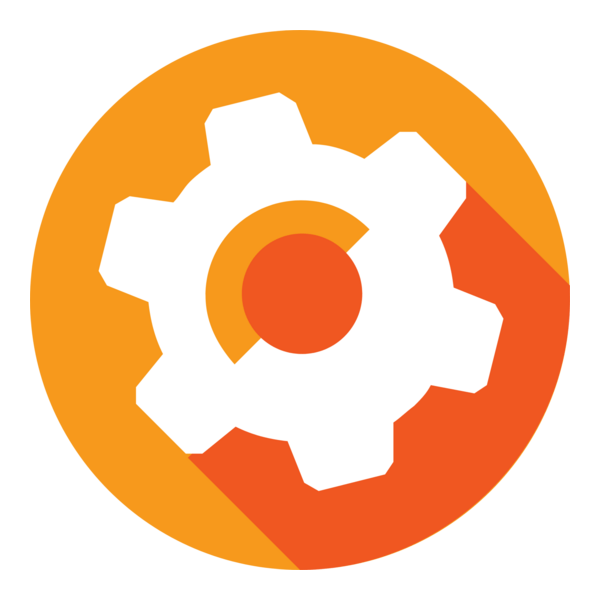 Orange circle with white gear icon and a smaller orange circle inside, featuring a long shadow effect.
