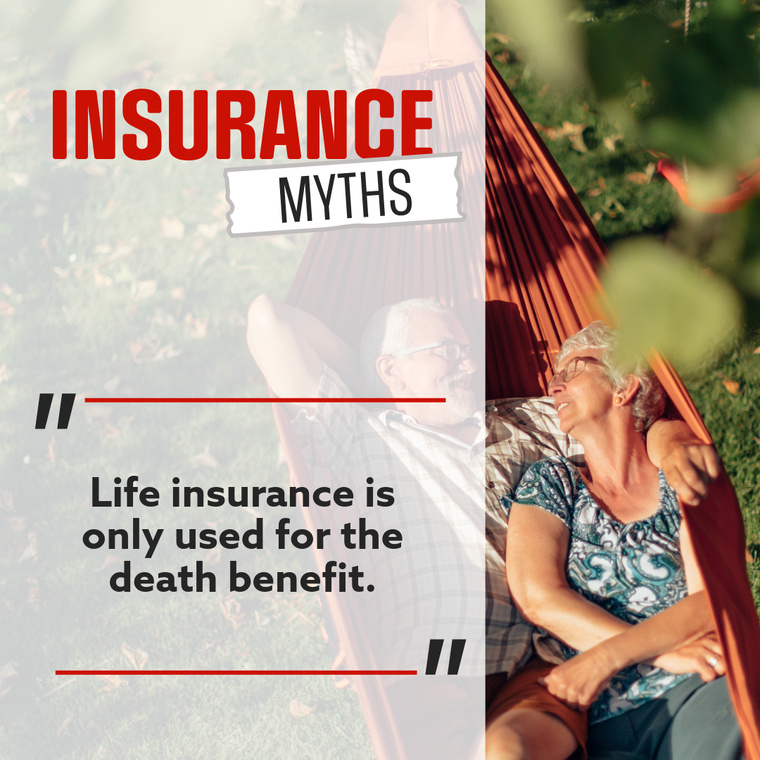 Elderly couple lying in a hammock outdoors, smiling, with overlay text about insurance myths.
