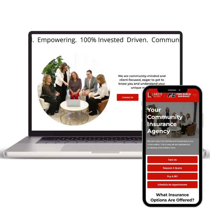 Laptop and smartphone screen displaying a community insurance agency website with a photo of a group of people in a meeting and contact options.