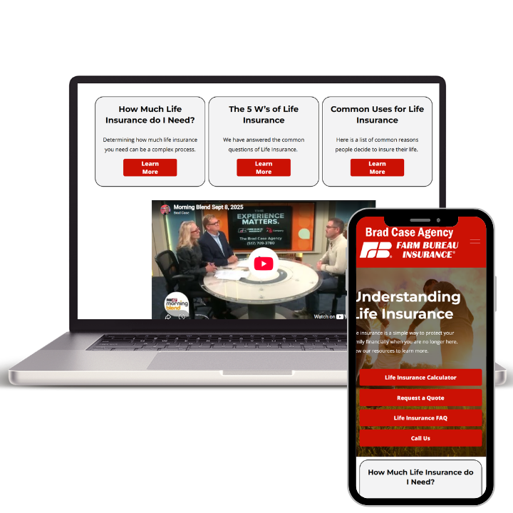 A laptop and a smartphone display informational content related to life insurance from Brad Case Agency. The laptop screen shows a video thumbnail and three red 'Learn More' buttons with titles about life insurance, while the smartphone screen shows a logo, a brief explanation, and four red buttons for life insurance services.
