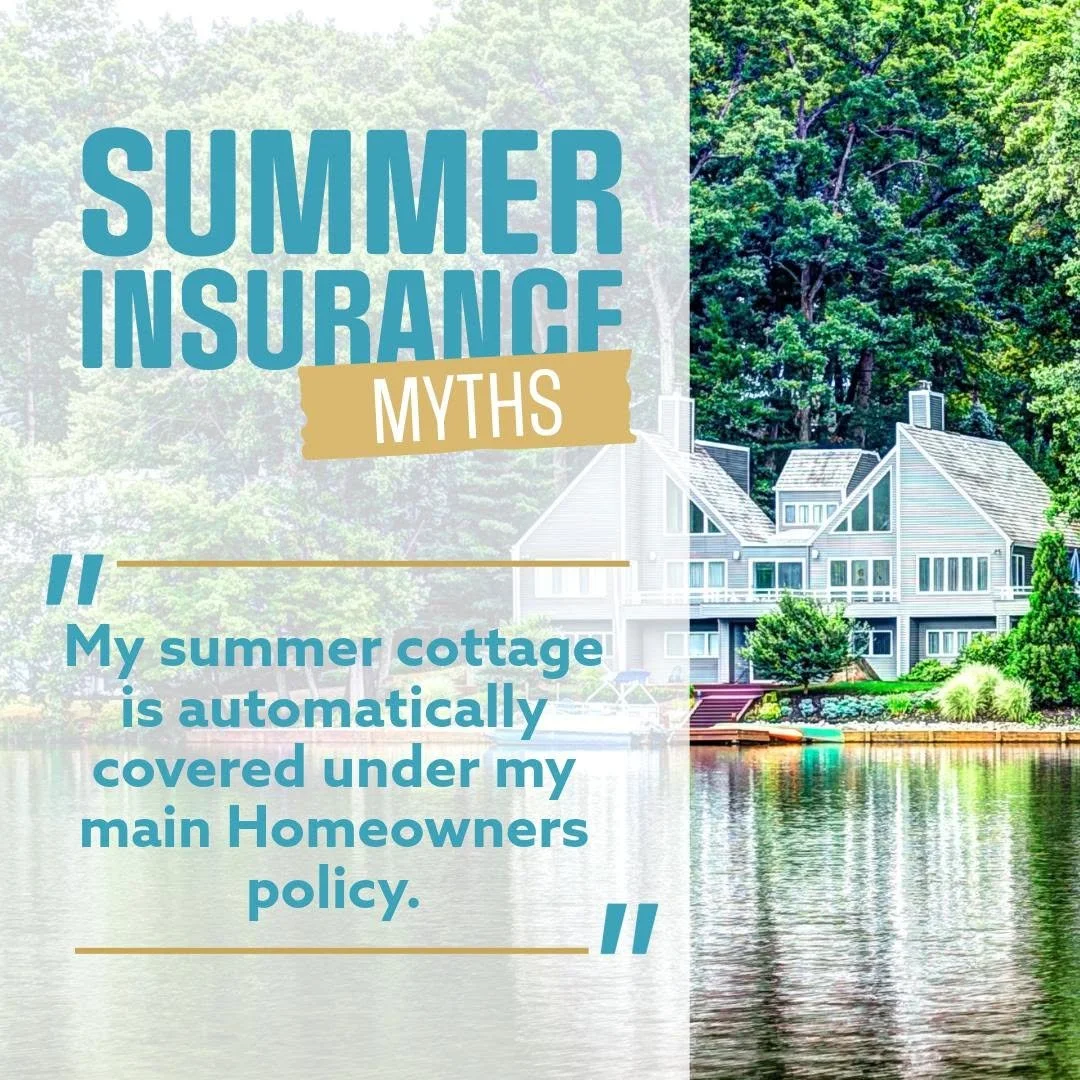 A pond with trees and a large house in the background, with overlay text about summer insurance myths.