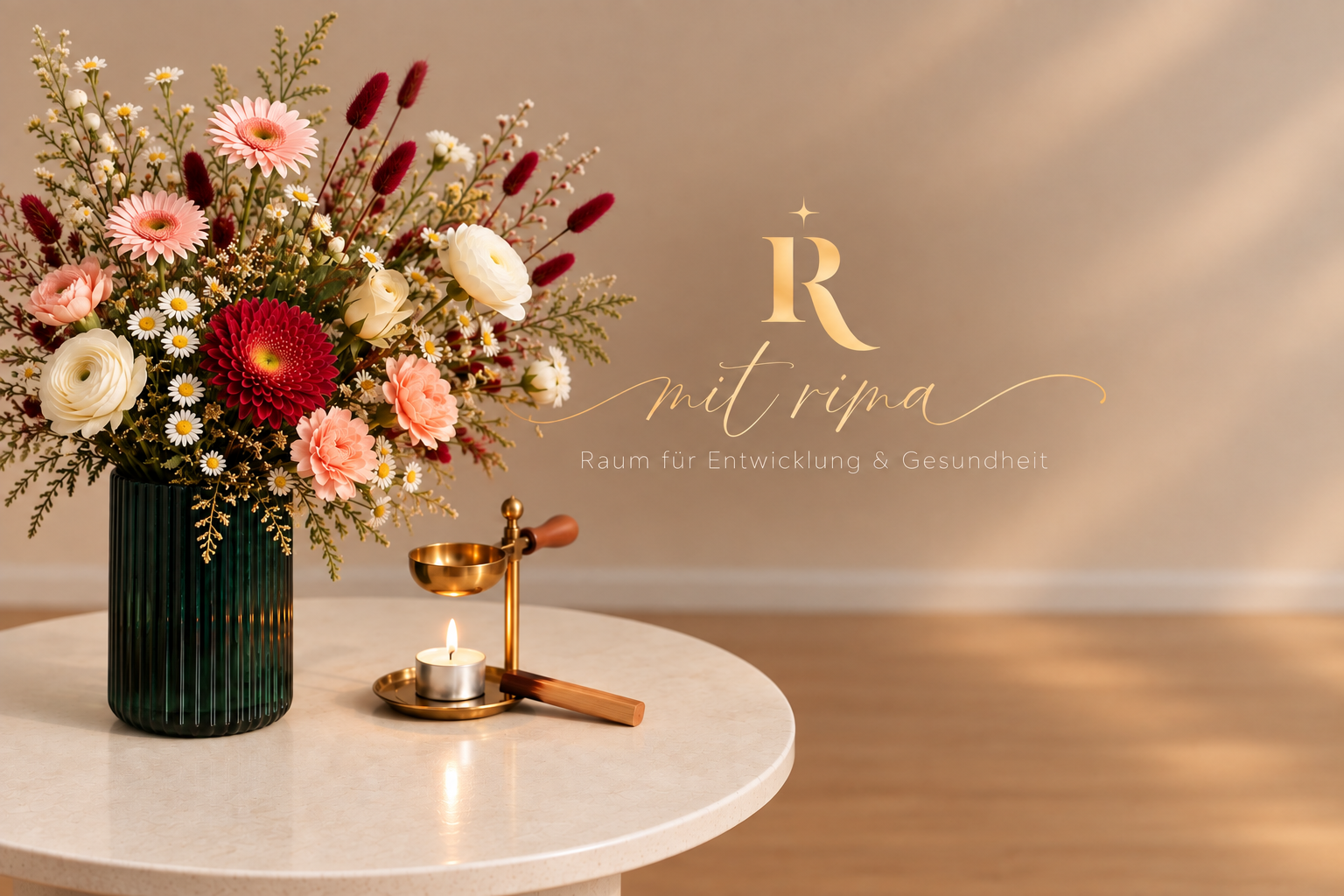 Blumenarrangement in der Praxis mit rima für ganzheitliche psychosoziale & psychologische Beratung in St. Gallen.
