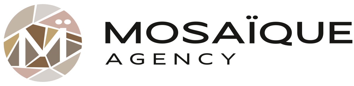 Logo der Mosaique Agency, bestehend aus einem abstrahierten Mosaik in erdigen Tönen und dem Text 'MOSAIQUE AGENCY'.