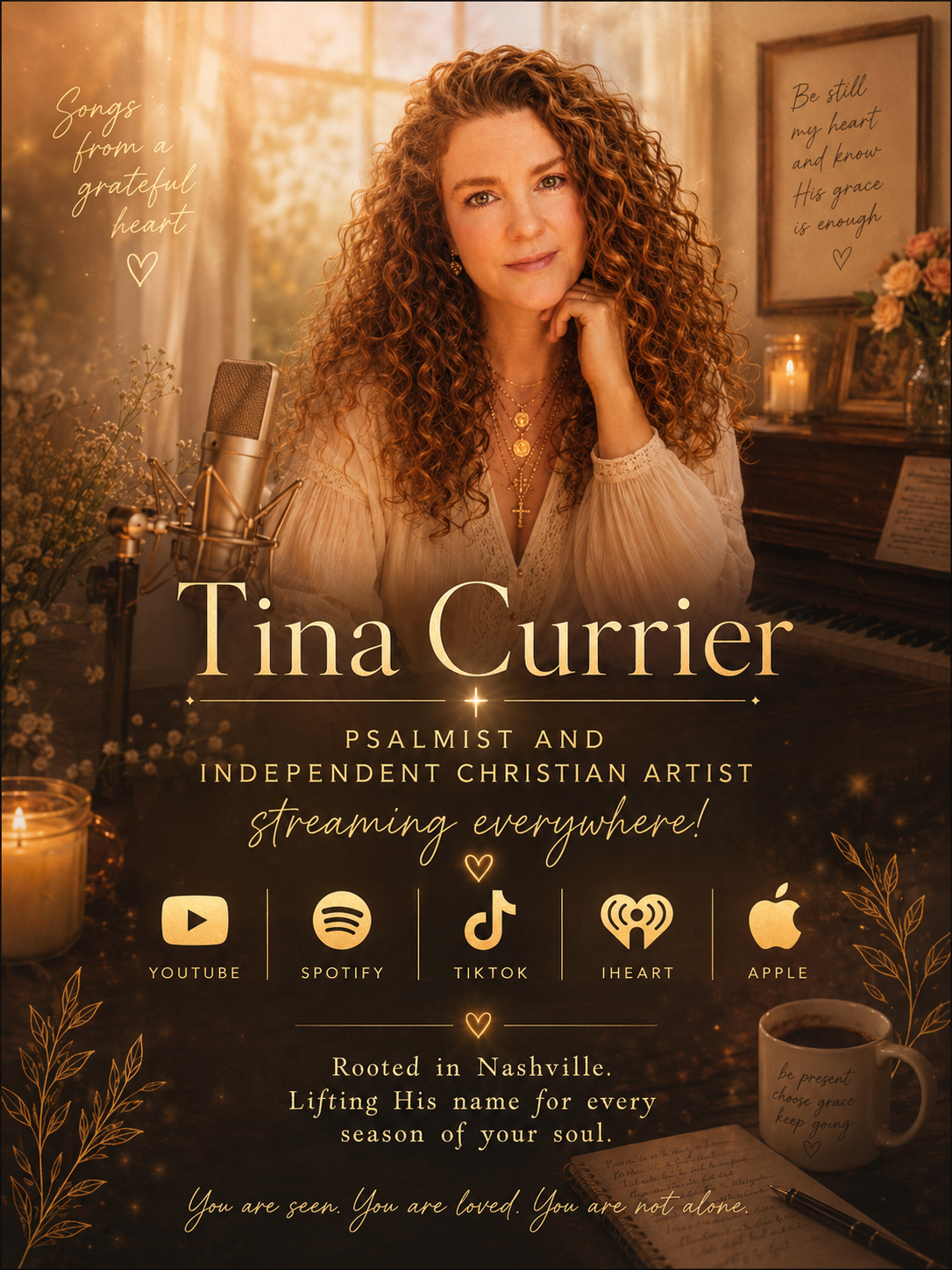 A woman with curly red hair sitting at a piano with a microphone in front of her. The background has warm, soft lighting with framed quotes on the wall and flowers. Text promotes Tina Currier, a Christian artist, streaming on YouTube, Spotify, TikTok, iHeart, and Apple, and mentions her Nashville roots.