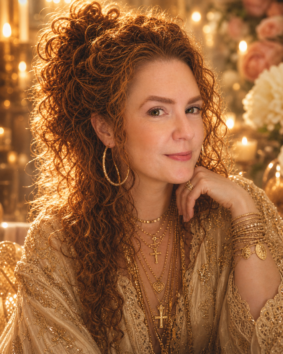 Woman with curly red hair wearing gold jewelry, including hoops and layered necklaces with crosses and hearts, in a festive setting with candles and flowers.