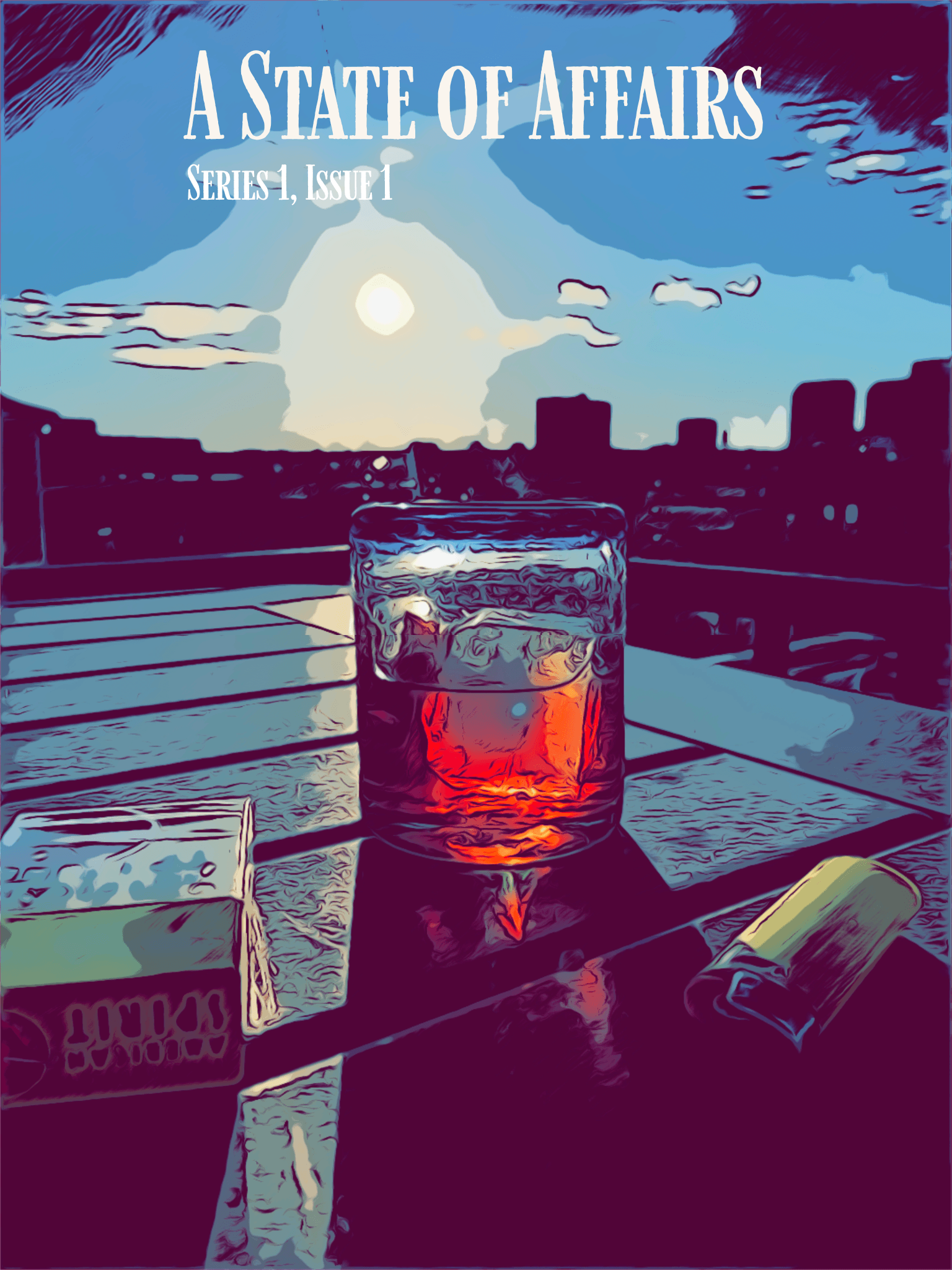 Rich textured poster image of an old fashioned, pack of cigarettes, and a lighter sitting on a rooftop patio table with Richmond, VA skyline in the distance under blue skies with a bright sun and scattered clouds