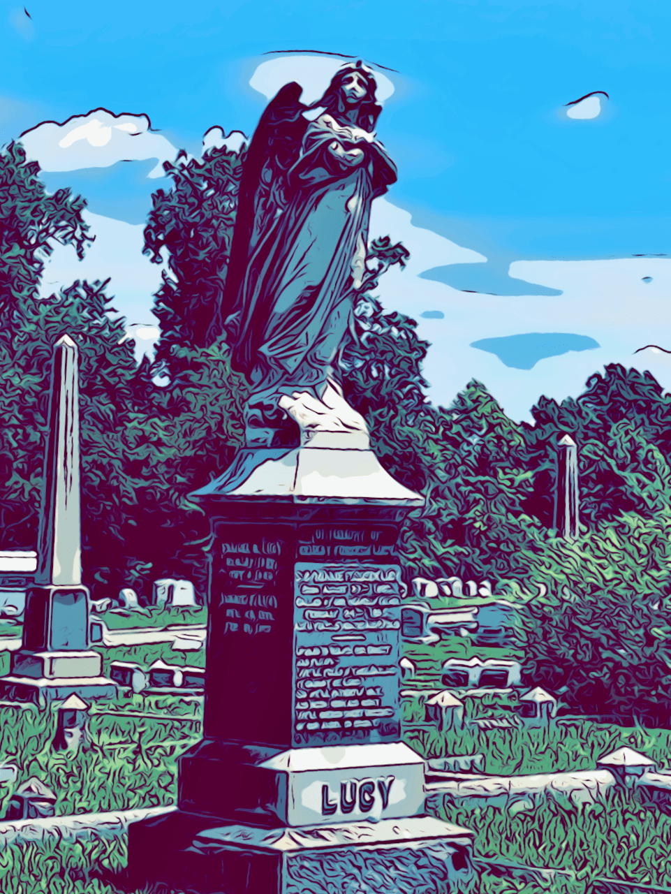 A rich textured poster style photo of an angel statue on a tombstone in Oakwood Cemetery with headstones and memorials in the background on a blue sky day with slight clouds in the sky