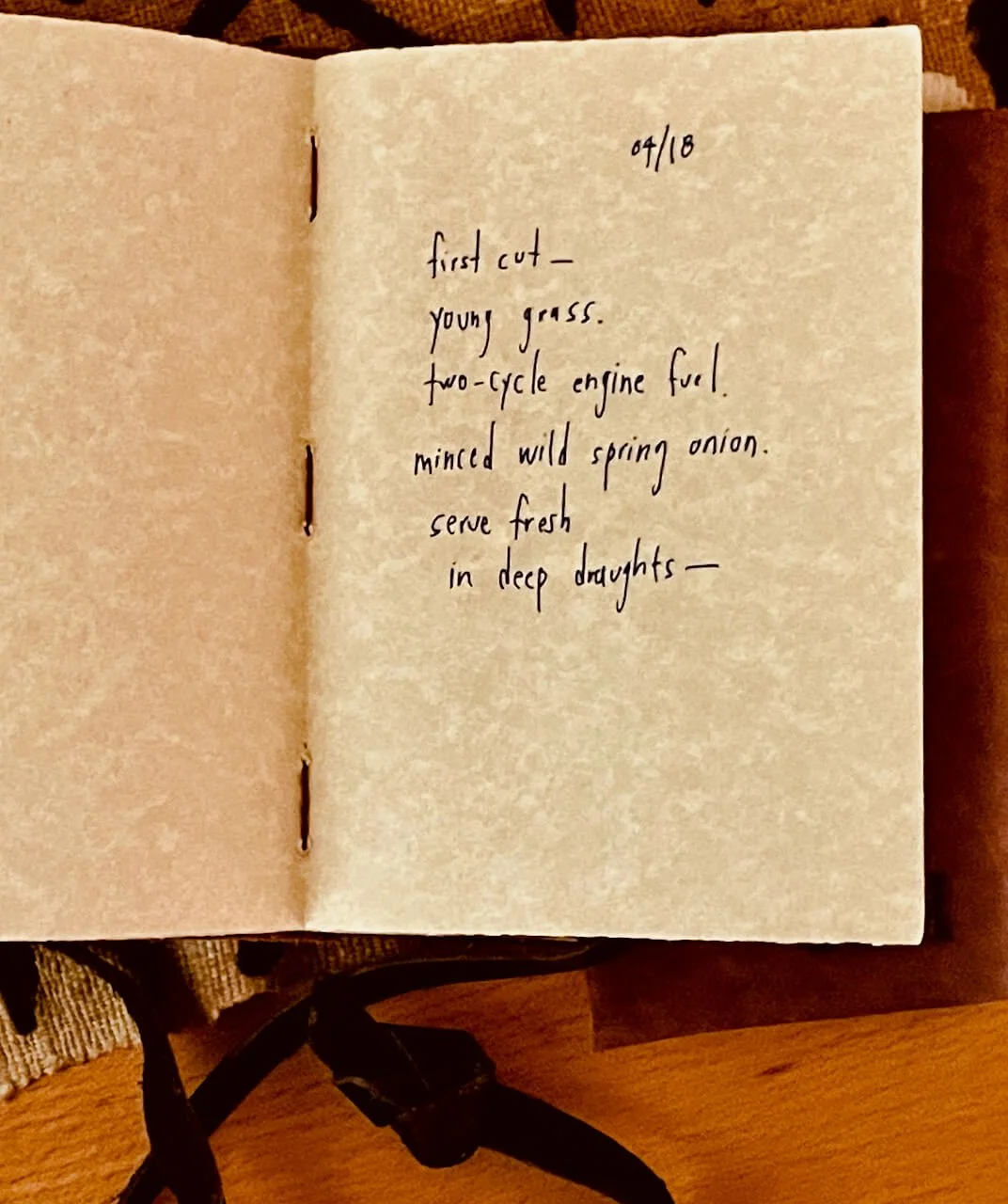 Handwritten poem in a small notebook dated 04/18, black ink on textured cream paper. "first cut" by C.S. Harvey