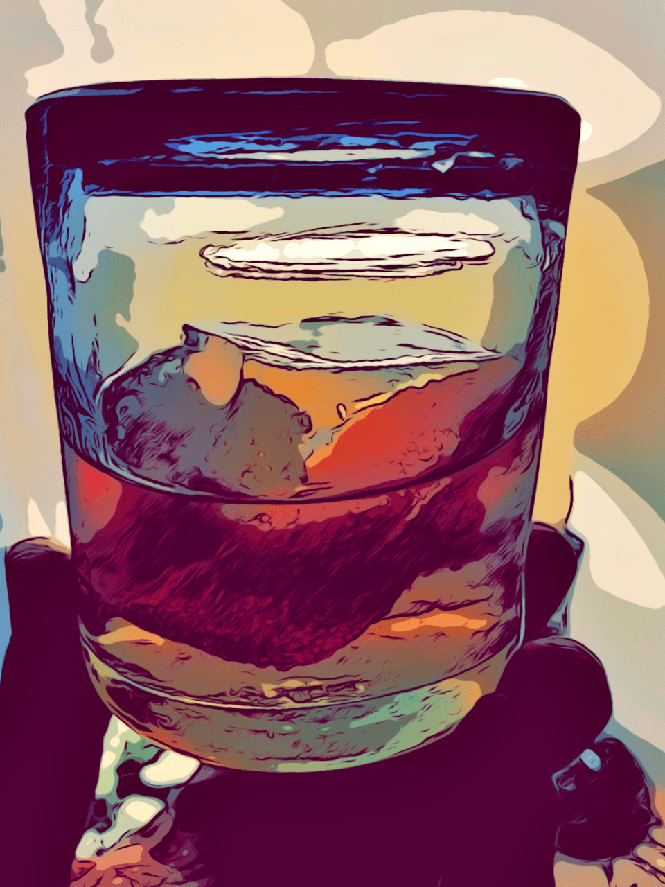 Old Fashioned Granddad cocktail in a rocks glass with orange peel garnish, bourbon and bitters visible in a rich, textured comic book filter photograph