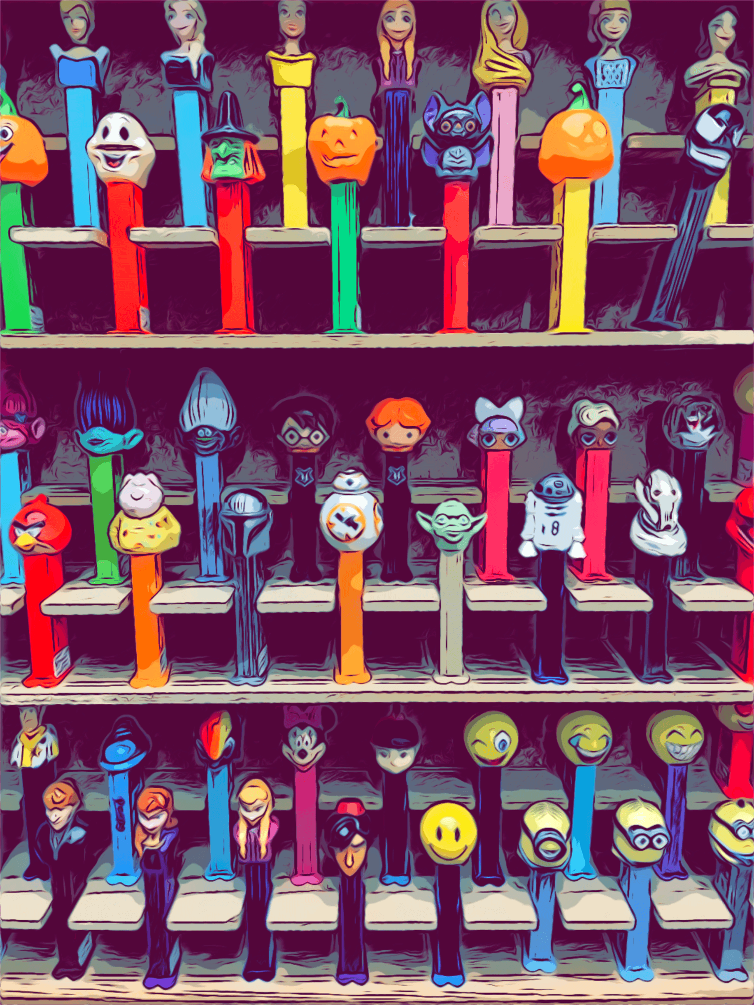 A rich textured comic book flitered photo of shelves of colorful Pez dispensers arranged on shelves featuring characters from Star Wars, Halloween themes, and assorted pop culture icons