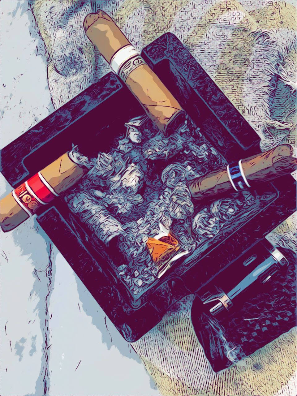 Illustrated-style photo of three cigars in a black ashtray with lighter, resting on woven fabric.