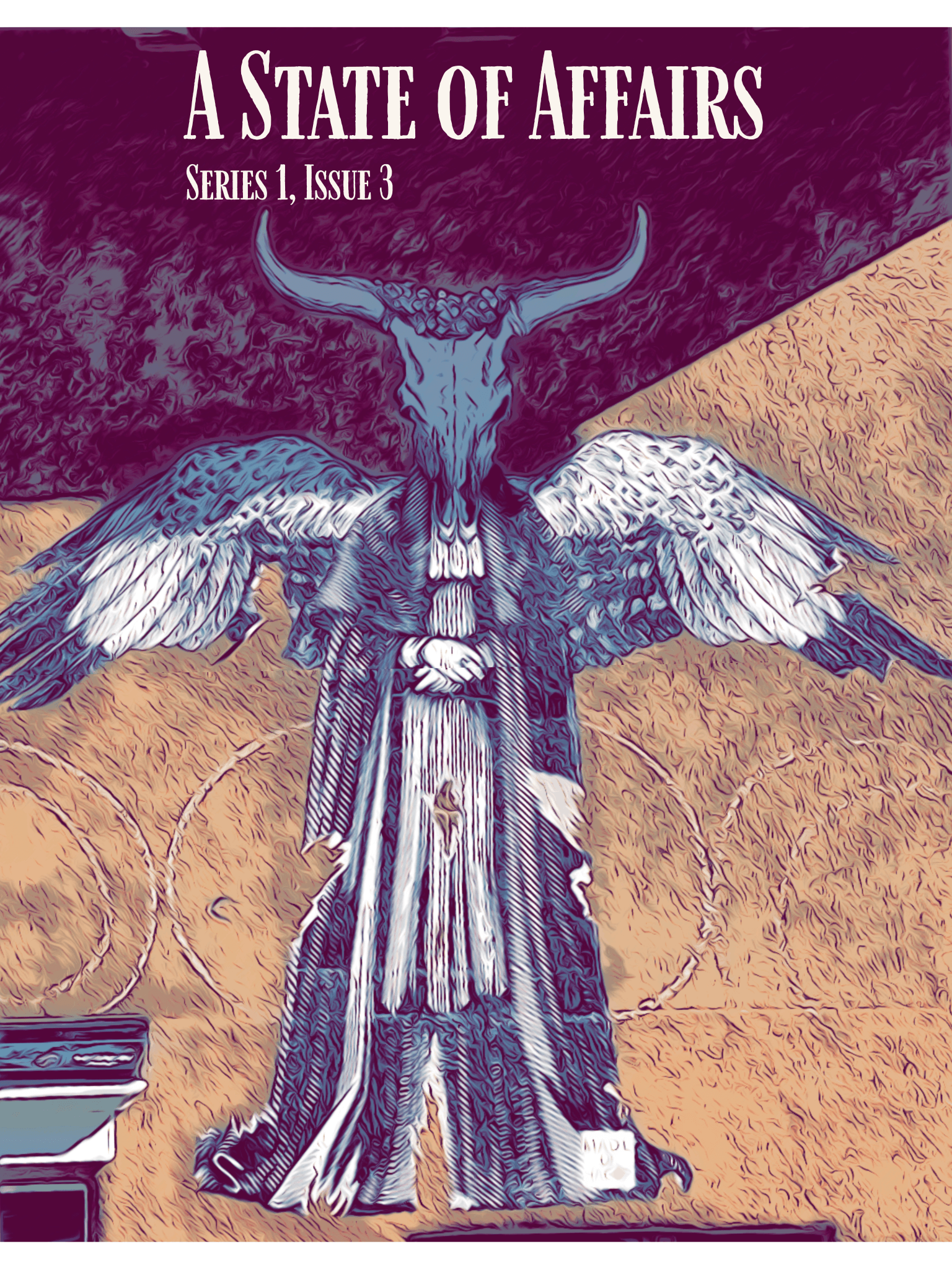 A textured rich comic book filtered poster image of a cattle head skeleton with two longhorns sitting atop a priest or angel's body with wings set against an adobe wall in Santa Fe, NM.