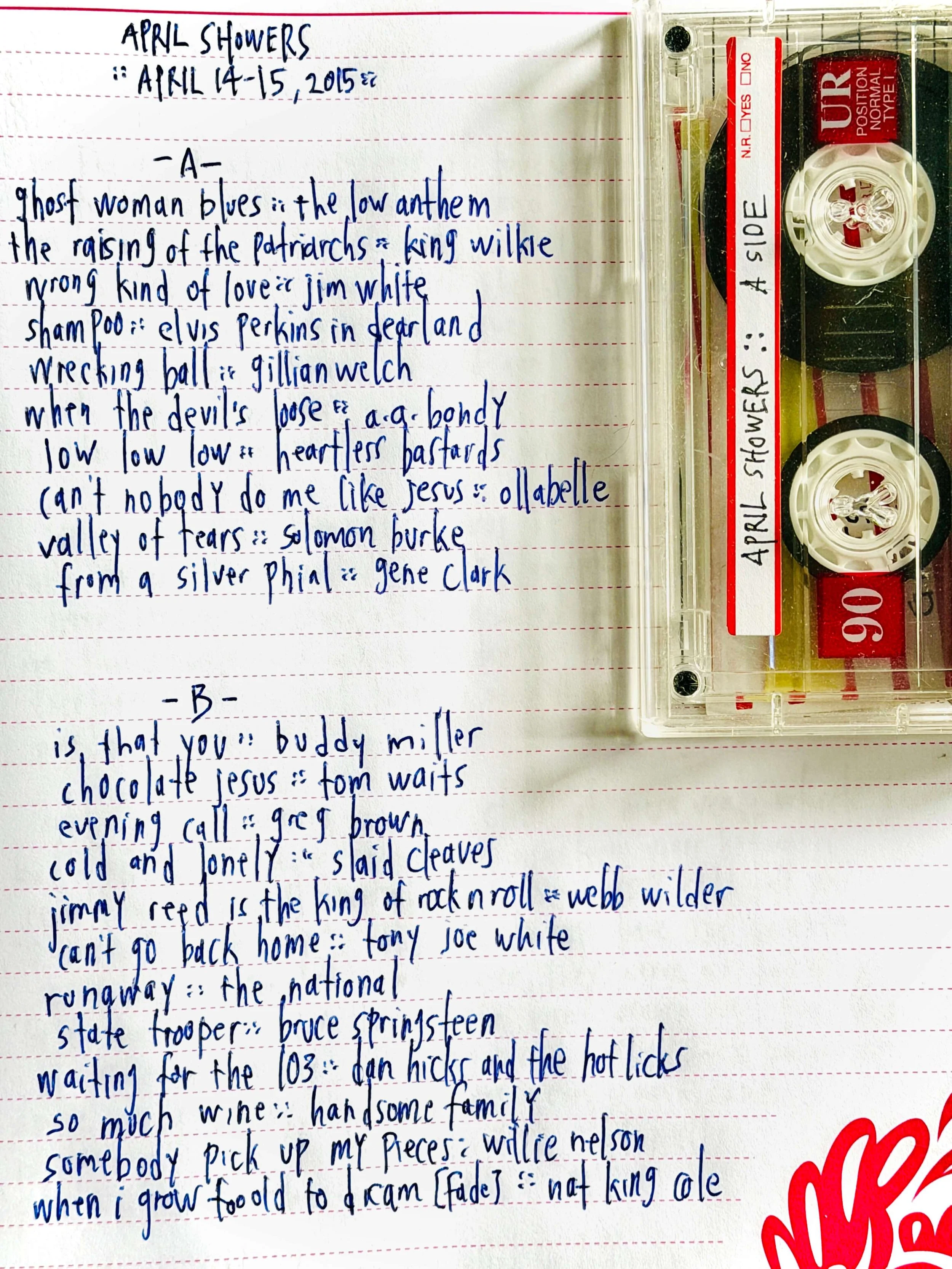 A handwritten playlist for a mixed tape on lined notebook paper with the cassette for the mix tape  titled April Showers, sitting in the upper right hand corner of the page