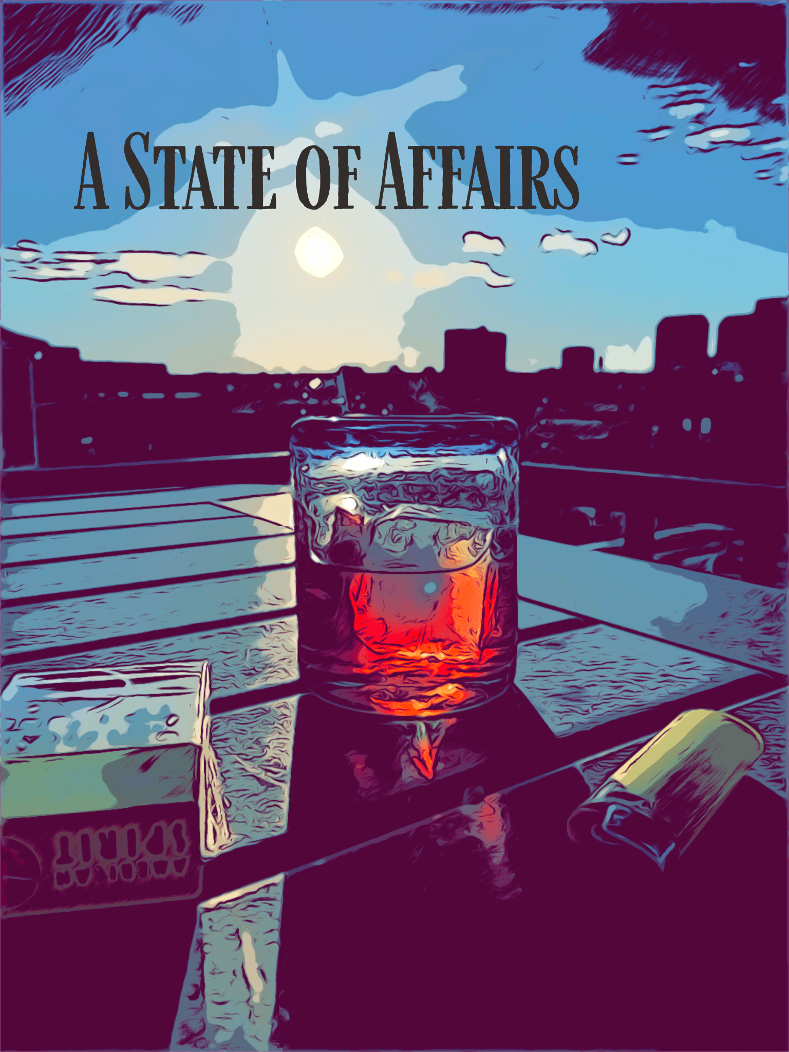 An old fashioned cocktail sits on a patio deck overlooking the Richmond, Virginia city skyline under blue and sunny skies with wisps of clouds in the distance