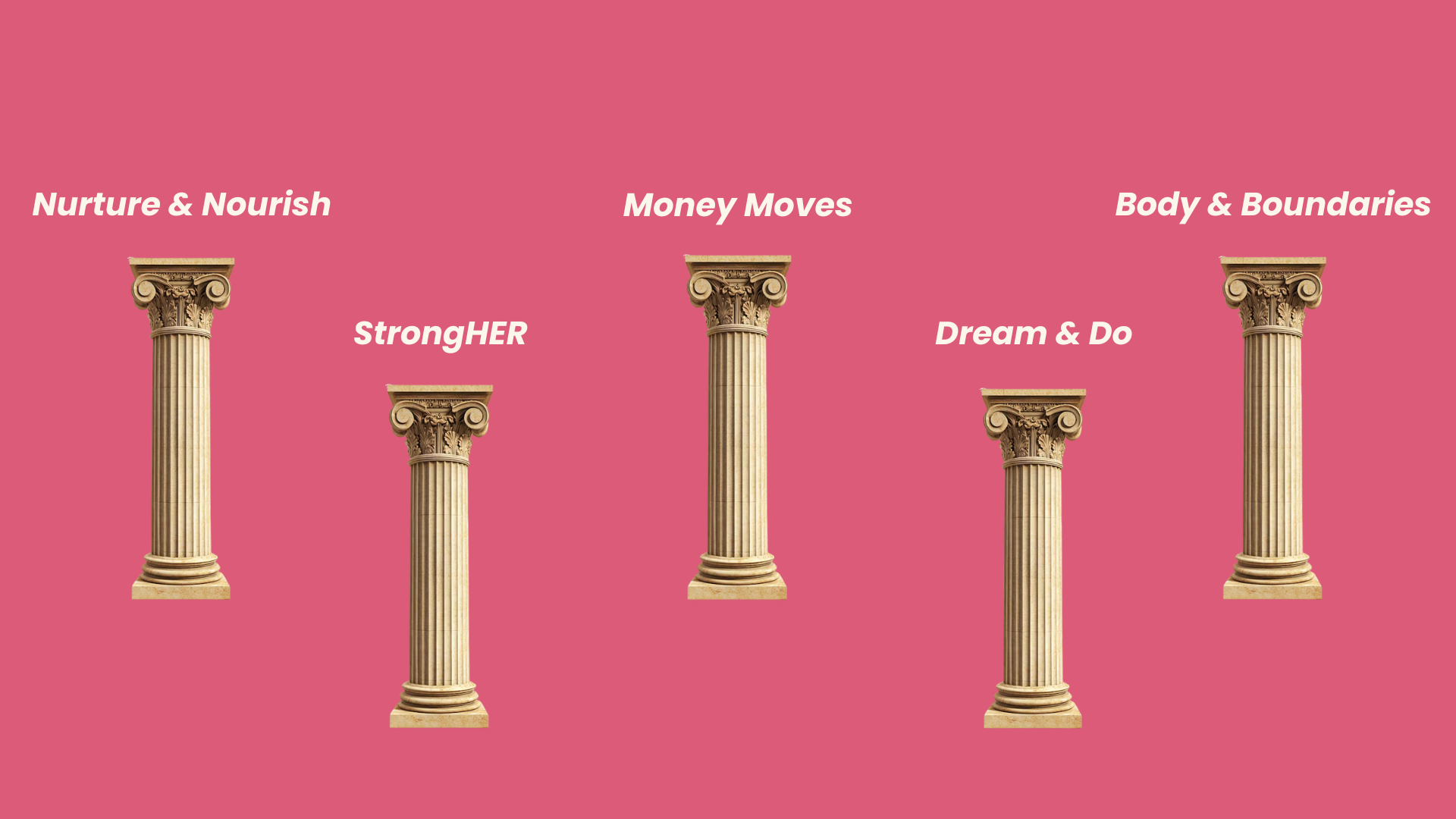 Our Five Pillars are Nurture and Nourish, StrongHER, Money Moves, Dream and Do, and Body and Boundaries