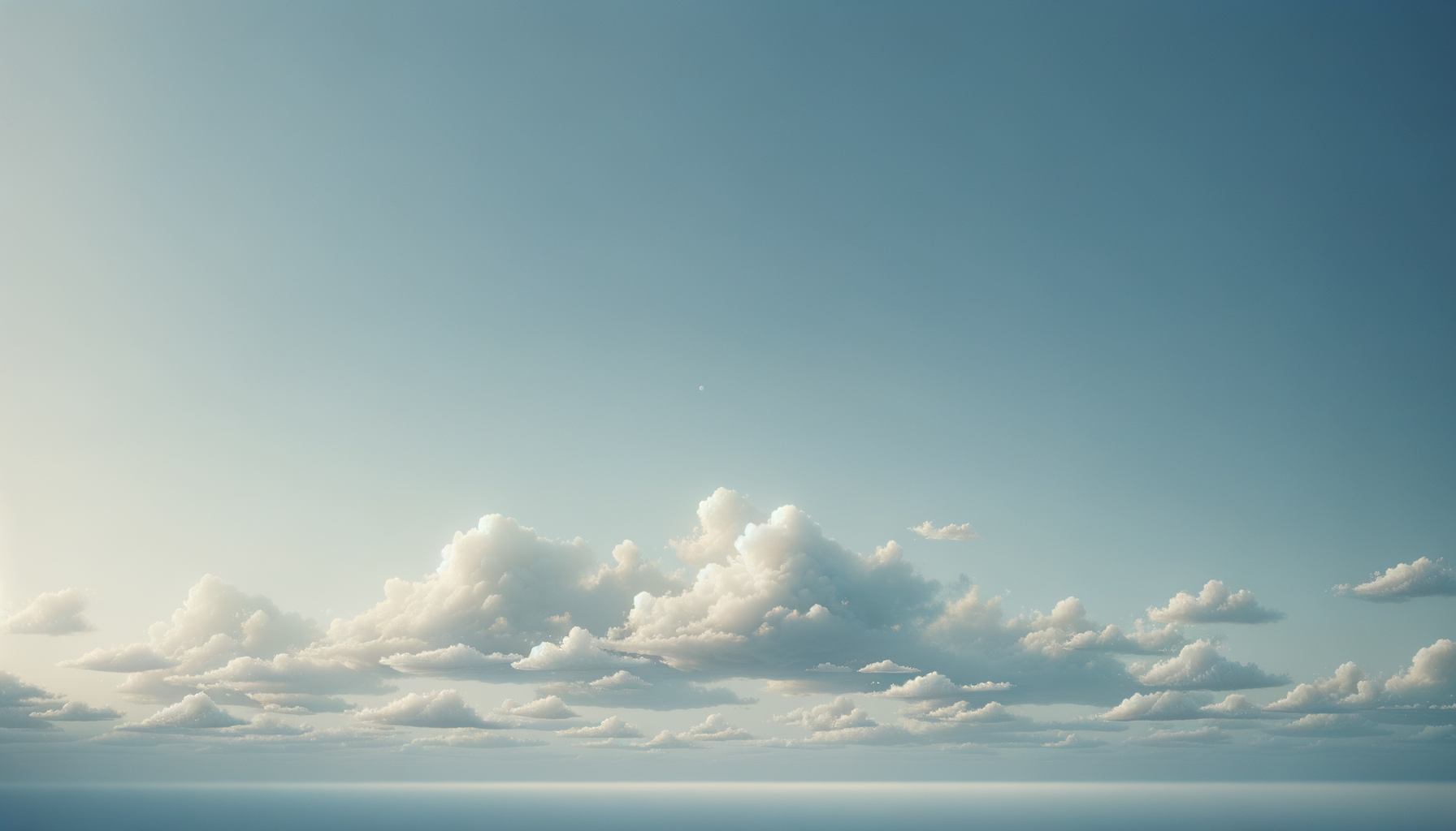 A clear sky with scattered white clouds and a faint moon visible in the distance.