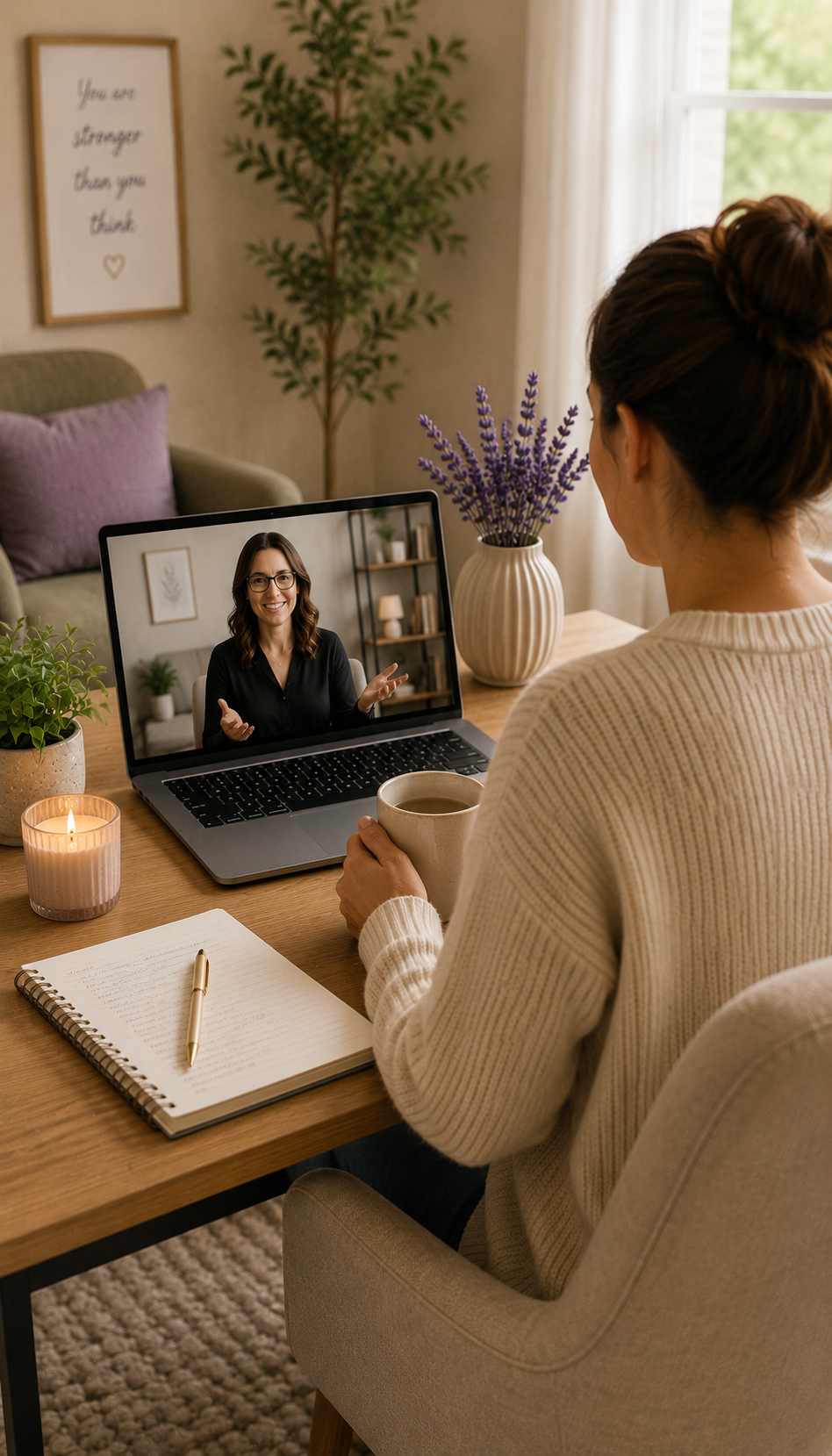 A woman in a cream sweater is sitting at a wooden desk, on a video call with another woman who is smiling and gesturing. She has a notebook and pen in front of her, a lit candle, a small potted plant, and a cup of tea. Behind her is a cozy living room with a green sofa, purple pillow, plants, and a framed quote on the wall reading 'You are stronger than you think.'