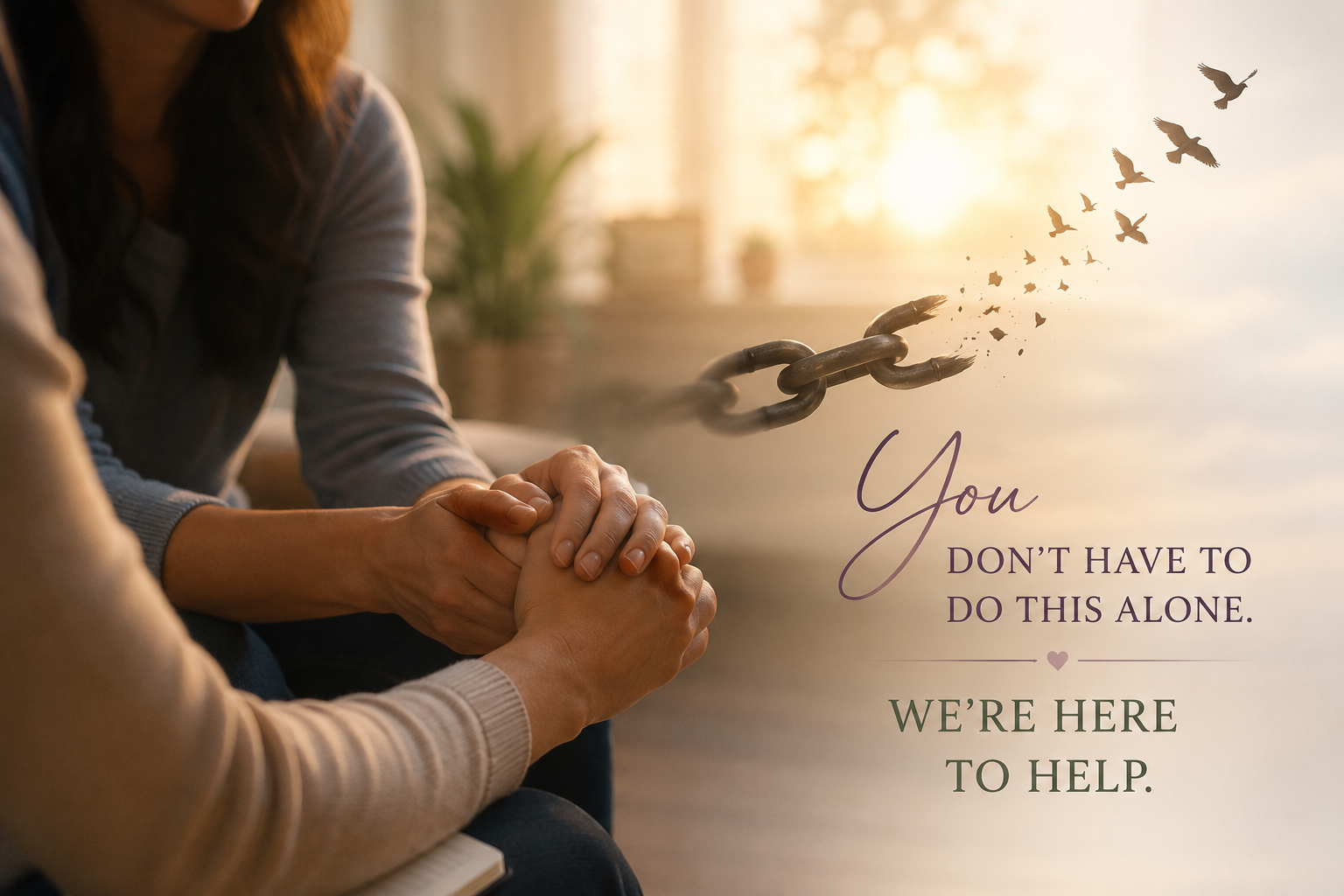 Two people holding hands, symbolizing support, with an illustration of a chain breaking apart into flying birds and the text 'You don't have to do this alone. We're here to help.'