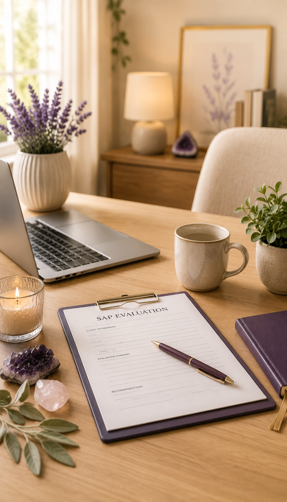 A wooden desk with a laptop, a lit candle, a rock and crystal collection, a paper labeled 'SAP Evaluation' with a pen, a coffee mug, and a potted plant. The background shows a lamp, framed artwork of purple flowers, and books.