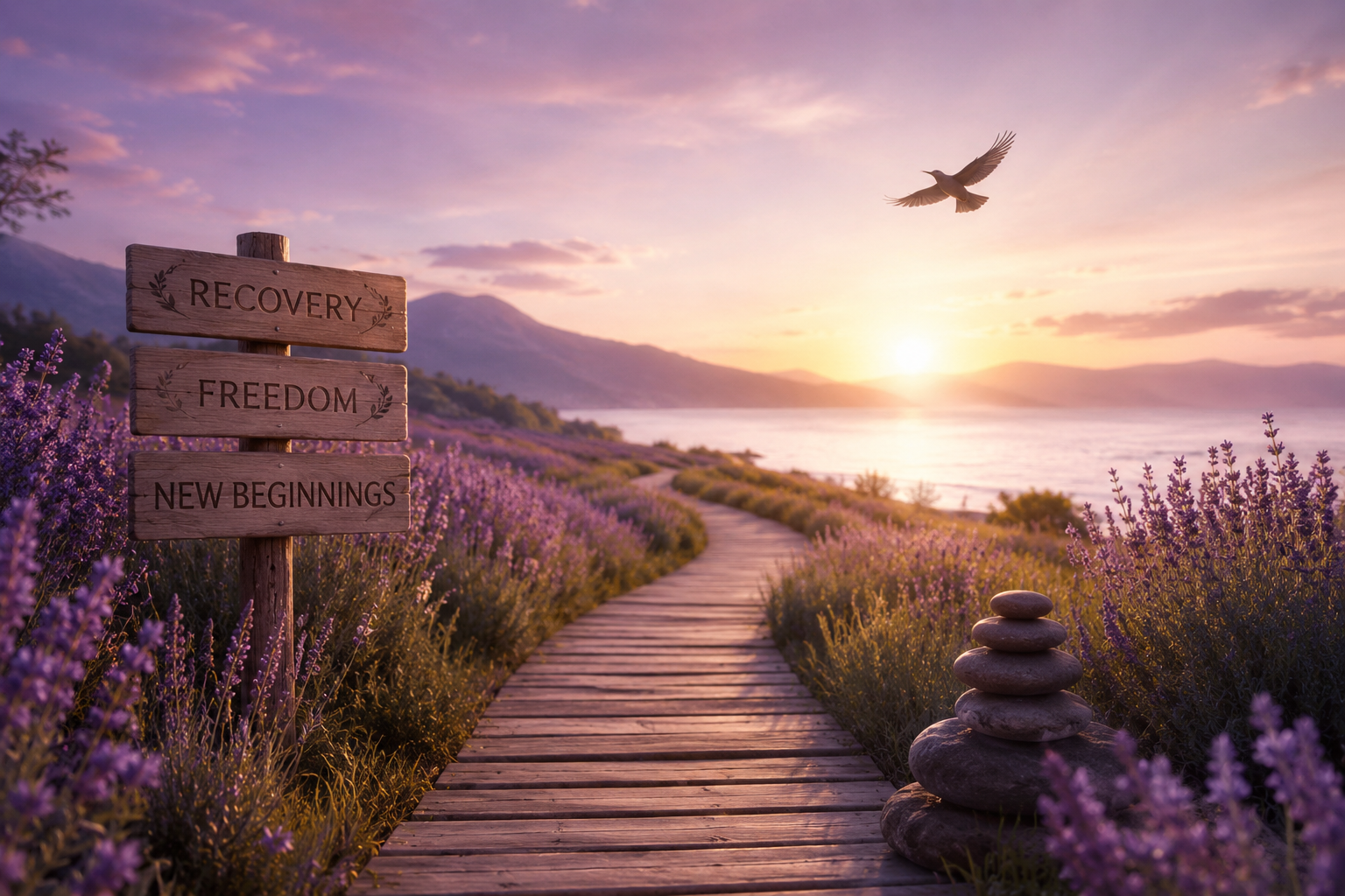 A wooden sign with the words 'Recovery,' 'Freedom,' and 'New Beginnings' is on a lavender field path by a lake at sunset, with mountains in the background and a bird flying overhead.