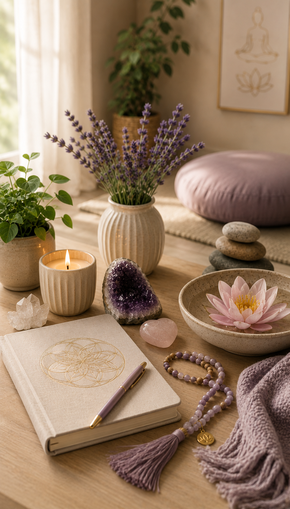 Decorative table with potted plants, candles, amethyst geode, rose quartz heart, lotus flower, jewelry, notebook, and scarf, with a meditation space in the background.